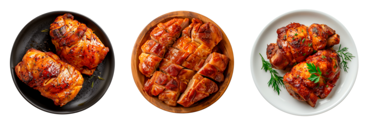 Set of a roasted pig in a plate isolated on a white or transparent background. Roasted Spanish pig in a wooden, black and white plate. Traditional Spanish dish. Top view