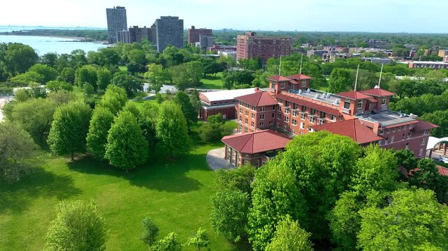 Drone aerial view of South Shore Cultural Center on the south side of Chicago