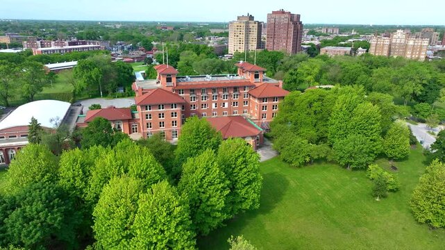 Drone aerial view of South Shore Cultural Center on the south side of Chicago