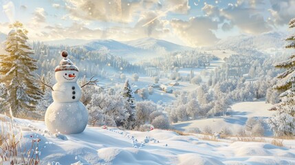 Obraz premium a snowman standing in the middle of a field of snow with a setting sun in the background