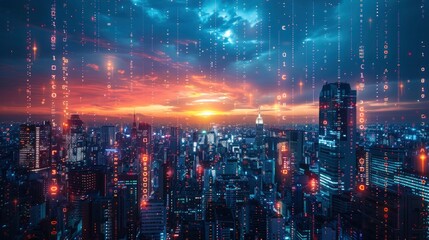 Fototapeta premium A city skyline at dusk with illuminated buildings showcasing advanced urban data management systems