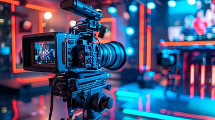 Create a real-time digital broadcast scene highlighting technologies enabling live streaming content closeup