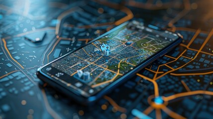 Close-up of a smartphone displaying a 3D model of a smart city with interactive data points