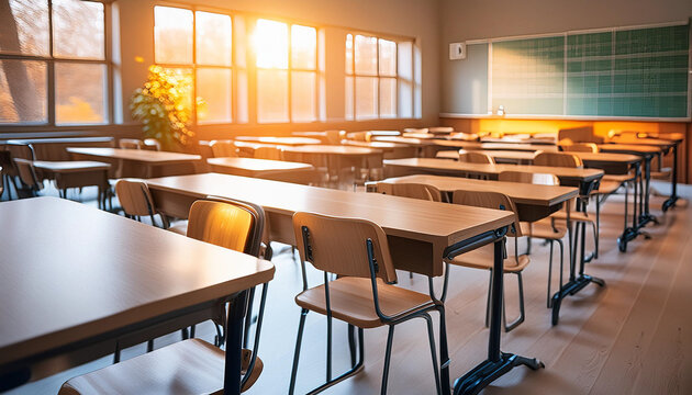 School clasroom with wooden furniture without kids at university with sunlight