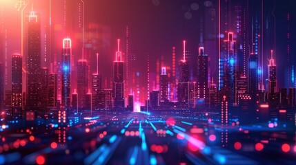 Obraz premium Flat design illustration of a digital cityscape. The background includes abstract shapes, 3D elements, and tech-inspired structures like skyscrapers and smart infrastructure. The color palette