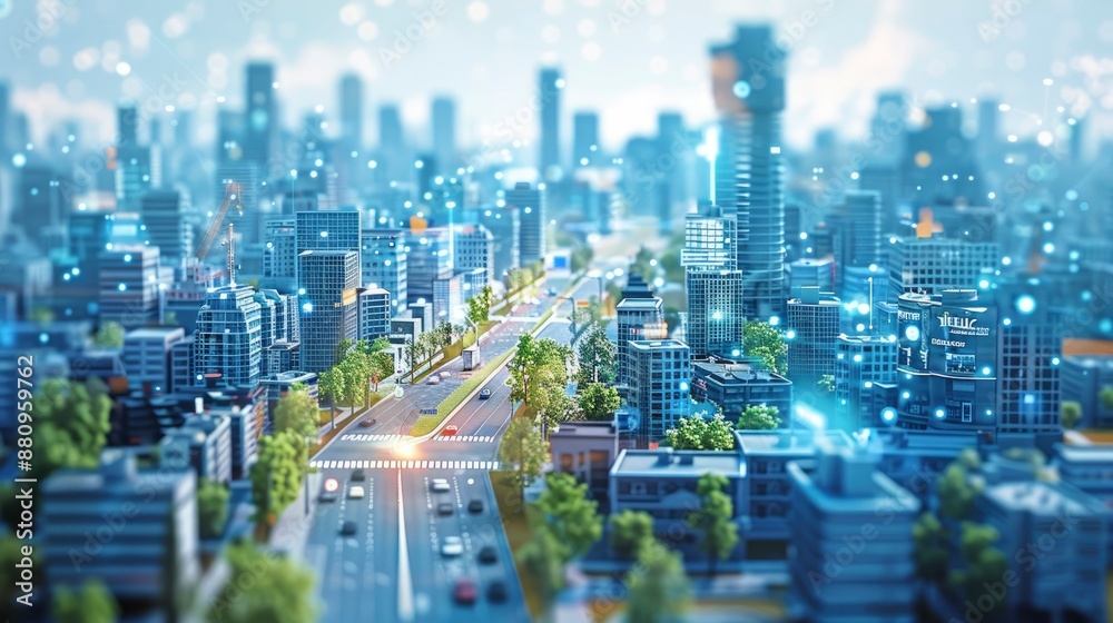 Wall mural virtual reality city simulation with dynamic traffic flow and urban development projections