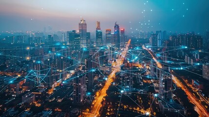 City skyline with smart grid technology and renewable energy sources powering urban development