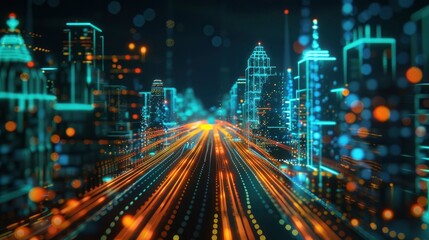 Fototapeta premium Virtual reality city simulation with dynamic traffic flow and urban development projections
