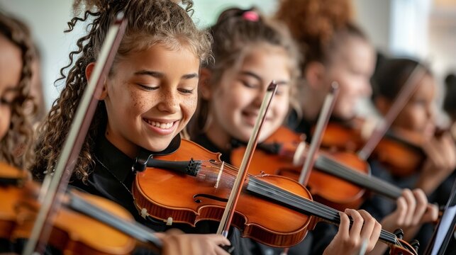 A group of young girls are playing violins together. They are all smiling and seem to be enjoying themselves
