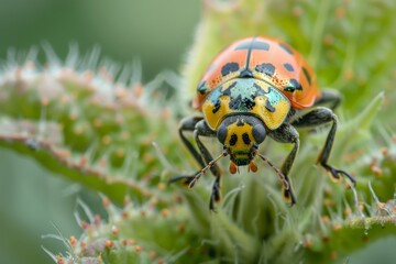 Fototapeta premium Close-Up of Colorful Beetle on Leaf