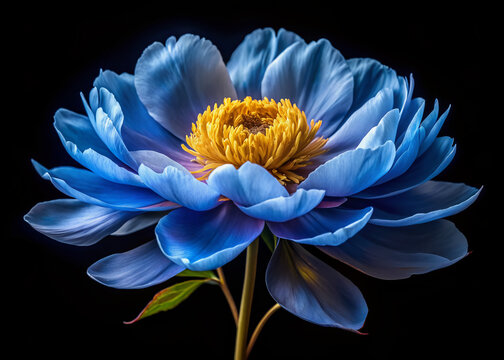 Spectacular blue peony flower blooms in time lapse, showcasing intricate delicate petals and golden center against a striking black background, exuding elegance and sophistication.
