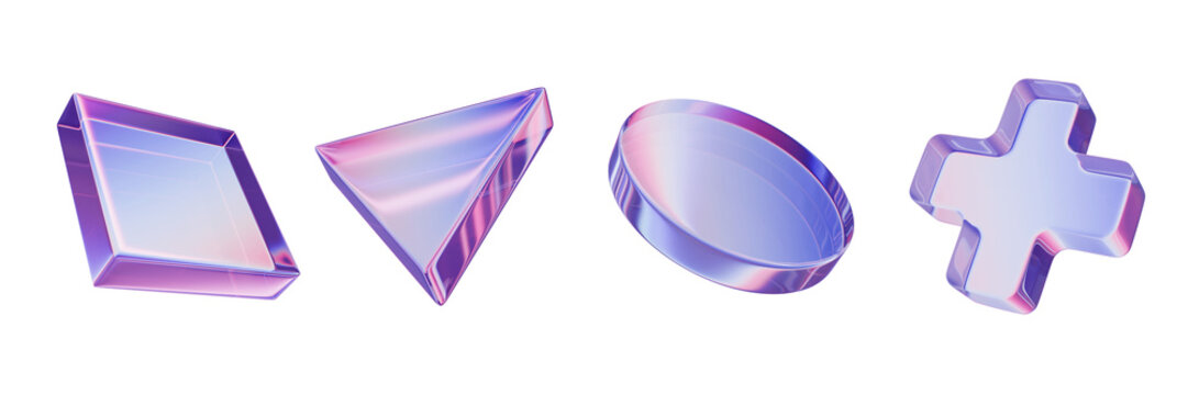 3D glass figure set transparent geometric futuristic game objects cyber sport joystick button symbol. Holographic purple cross, transparent spectrum material texture, square, circle. 3D glass shapes