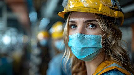 Young female construction worker with safety helmet and mask, focusing on workplace safety and health precautions