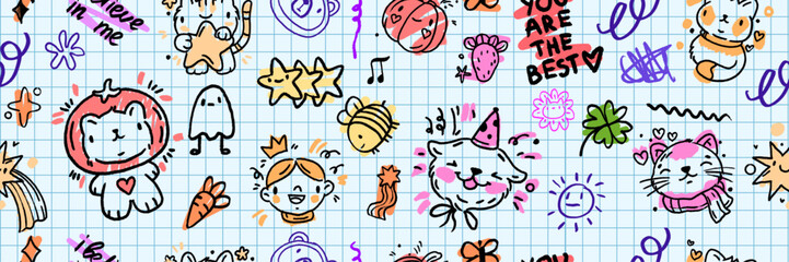 Kids doodle seamless pattern, vector back to school cartoon scribble texture, cute kitten, star. Children kindergarten hand drawn copybook sheet grid, funny colorful baby textile. Kids doodle print