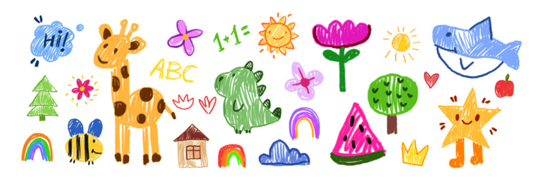 Naklejki Kids drawing illustration, vector children color pencil naive doodle set, cute cartoon animals. Kindergarten funny wax crayon sketch, giraffe, crocodile, shark, rainbow, flower. Kids drawing clipart
