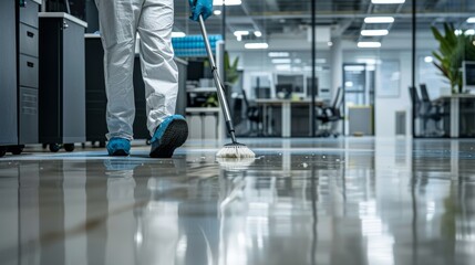 A cleaner sanitizing and disinfecting high-touch surfaces in an office space promoting a healthy work environment