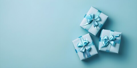 Blue gift boxes with bows and ribbons on a light blue background. Concept Gift Wrapping, Blue Gift Boxes, Bows and Ribbons, Light Blue Background