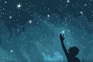 Child Reaching for Stars Under Night Sky Vector Illustration