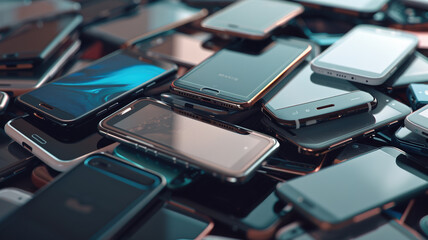 Multiple mobile phones are stacked on a table against a backdrop showcasing various types and models of smartphones, illustrating concepts related to technology, advertising, sales, or marketing.