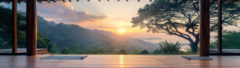 Tranquil open-air pavilion with panoramic sunrise view over lush green hills and misty valleys, framed by elegant wooden columns.