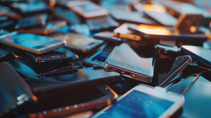 Multiple mobile phones are stacked on a table against a backdrop showcasing various types and models of smartphones, illustrating concepts related to technology, advertising, sales, or marketing.