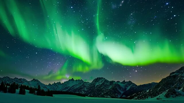 A symphony of green and purple curtains rippling and undulating in the Arctic night like a cosmic dance.