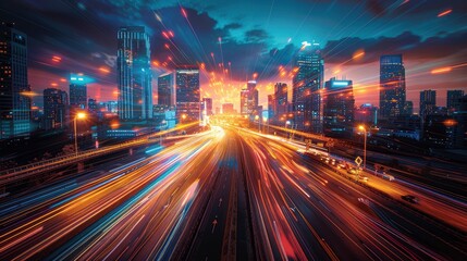 Obraz premium Futuristic urban environment with digital billboards showcasing smart city initiatives