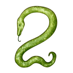 Naklejka premium Number two in the form of a green snake as a symbol of Happy Chinese New Year 2025 according to the zodiac sign of the year of the Snake. Watercolor illustration for templates of cards, congratulation