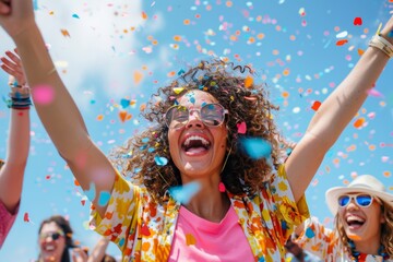 Joyful celebration at outdoor festival with confetti and happy people