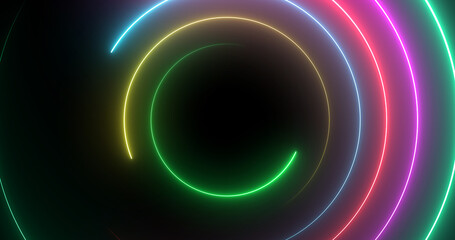 Neon circles moving rotating seamless loop. Hi technology abstract nightclub connection retro style bg. Futuristic creative shiny neon glowing dance stage club backdrop. VJ loop stream starting.