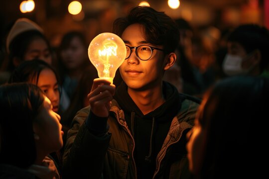 A student teacher holds a light bulb while surrounded by younger students.