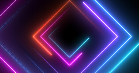 Neon disco light square shape luminous laser-like geometric bg. Round-turning radio magician show nightlife club loop. Glitter glowing illuminated fantasy. Cyber endless tunnel 3d stage.