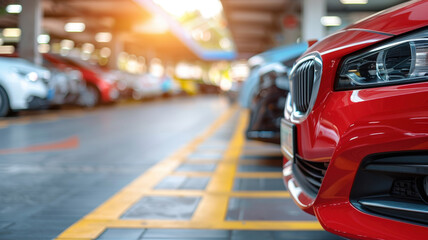 Fototapeta premium A used car is parked in an outdoor parking lot, showcasing services for sale and rental, with an emphasis on the automobile parking area and the concept of car dealership and dealer agents.