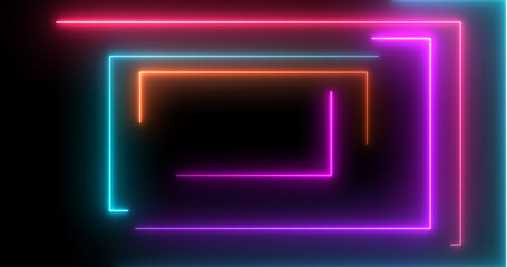 Neon rectangles geometric loop stream starting animation. Dynamic event project and meeting celebration neon glow seamless loop. Beautiful elegant tunnel-like laser light moving corridor 3d bg.