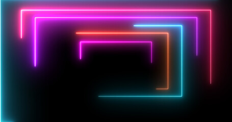 Neon rectangles geometric loop stream starting animation. Dynamic event project and meeting celebration neon glow seamless loop. Beautiful elegant tunnel-like laser light moving corridor 3d bg.