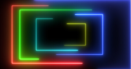 Neon rectangles geometric loop stream starting animation. Dynamic event project and meeting celebration neon glow seamless loop. Beautiful elegant tunnel-like laser light moving corridor 3d bg.