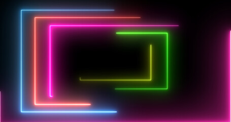 Neon rectangles geometric loop stream starting animation. Dynamic event project and meeting celebration neon glow seamless loop. Beautiful elegant tunnel-like laser light moving corridor 3d bg.