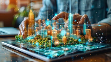 Close-up of a digital tablet showing augmented reality overlays for urban planning workshops