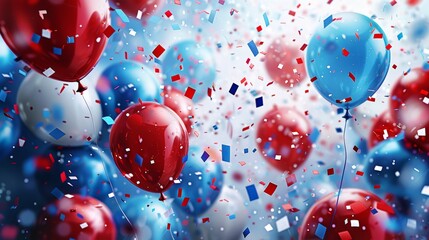 Vibrant celebration scene with red and blue balloons and confetti in the air perfect for festive events and party themes.