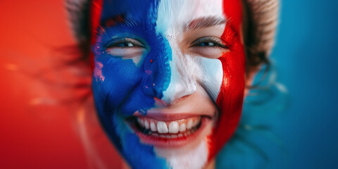 Smiling Woman with French Flag Face Paint