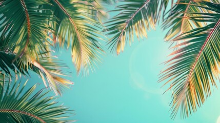 A vibrant tropical scene featuring closeup palm leaves against a clear blue sky The leaves are sharply defined with a mix of light and shadow