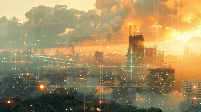 City skyline with digital overlays indicating real-time weather forecasts and climate data