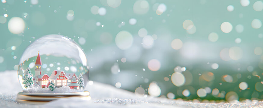 front view, closeup horizontal image, Christmas globe with christmas decoration. Blurred background, copy space for text. For banner, design, new year, shop, linkedin, commercial, presentation