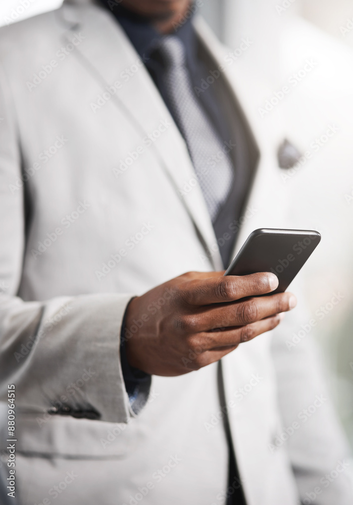 Leinwandbilder phone, hand and businessman with online networking for communication with investment client. cellpho