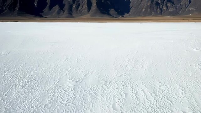 The stark contrast of the flat white salt flats against the jagged peaks of distant mountains in the background.