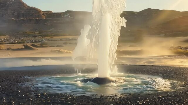 The ground rumbles and hisses as a hot spring releases a burst of boiling water into the air creating a mesmerizing visual display.