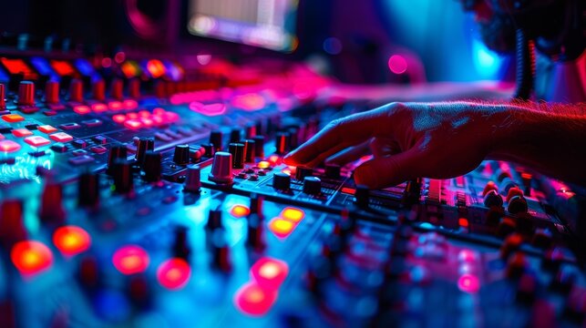 Professional sound engineer working on audio mixer in a recording studio with colorful lights adjusting and balancing sound levels.