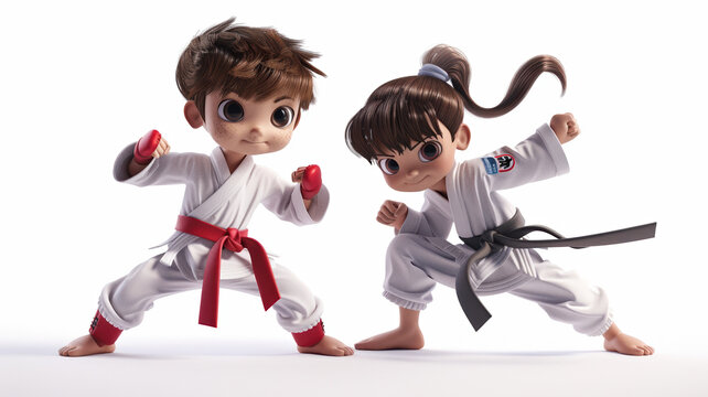 A very cute boy and girl, both in taekwondo uniforms, posing mid-air in a flying kick against a pure white background, super detailed.