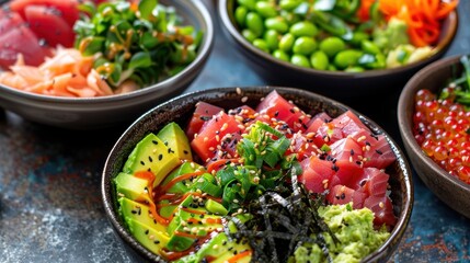 Delicious Poke Bowl with Marinated Tuna and Avocado in Modern Hawaiian Restaurant