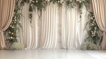 Elegant wedding backdrop with white curtains and green floral decoration